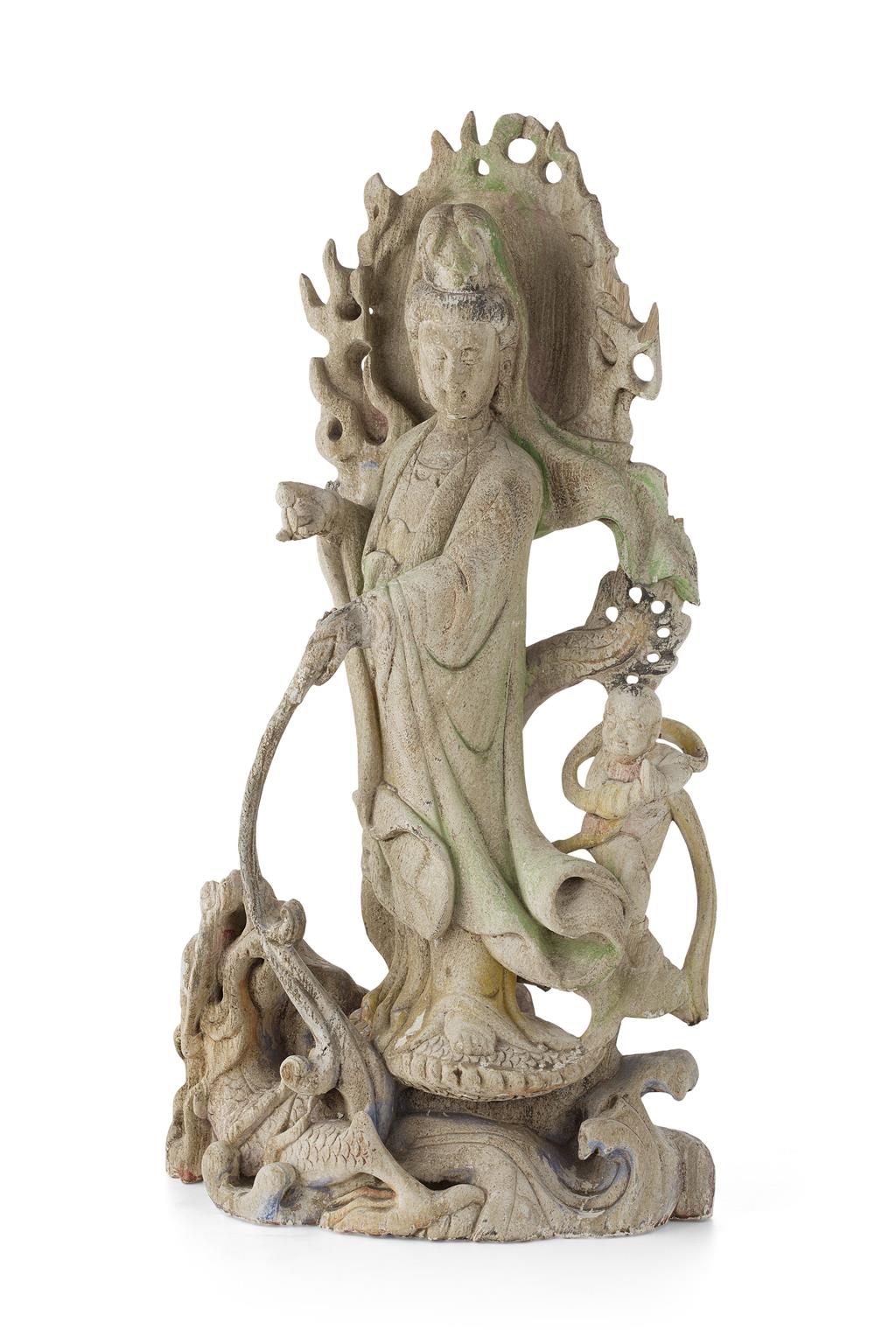 Appraisal: CARVED WOOD FIGURE OF GUANYIN the Goddess of Compassion standing