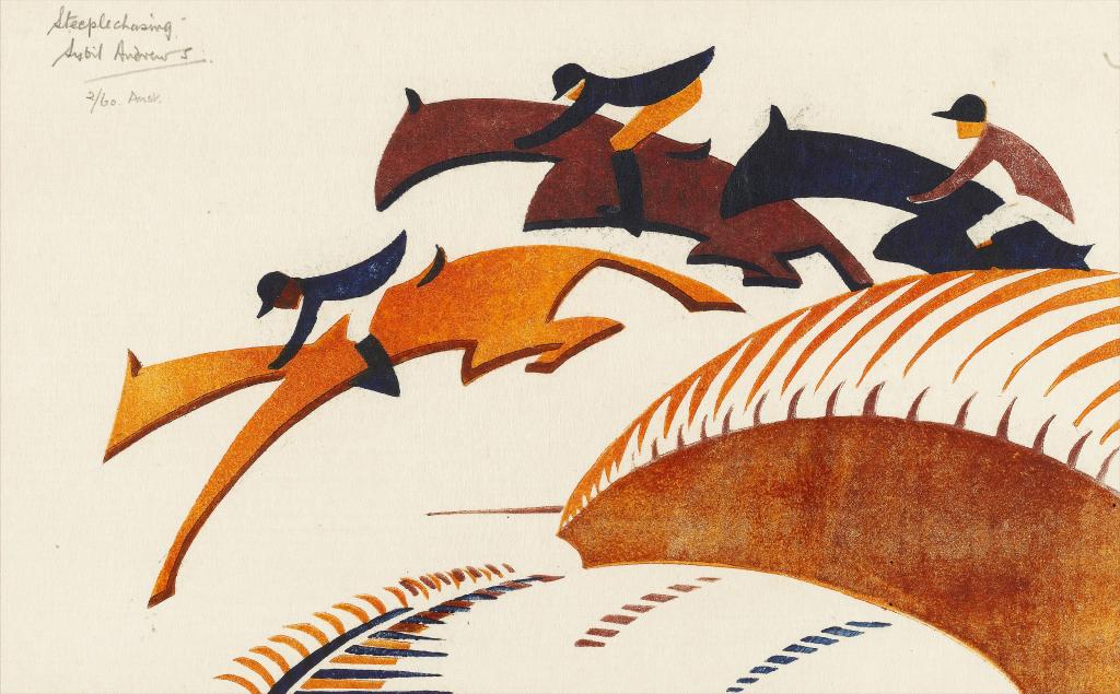 Appraisal: SYBIL ANDREWS CPE - STEEPLECHASING linocut from three blocks July