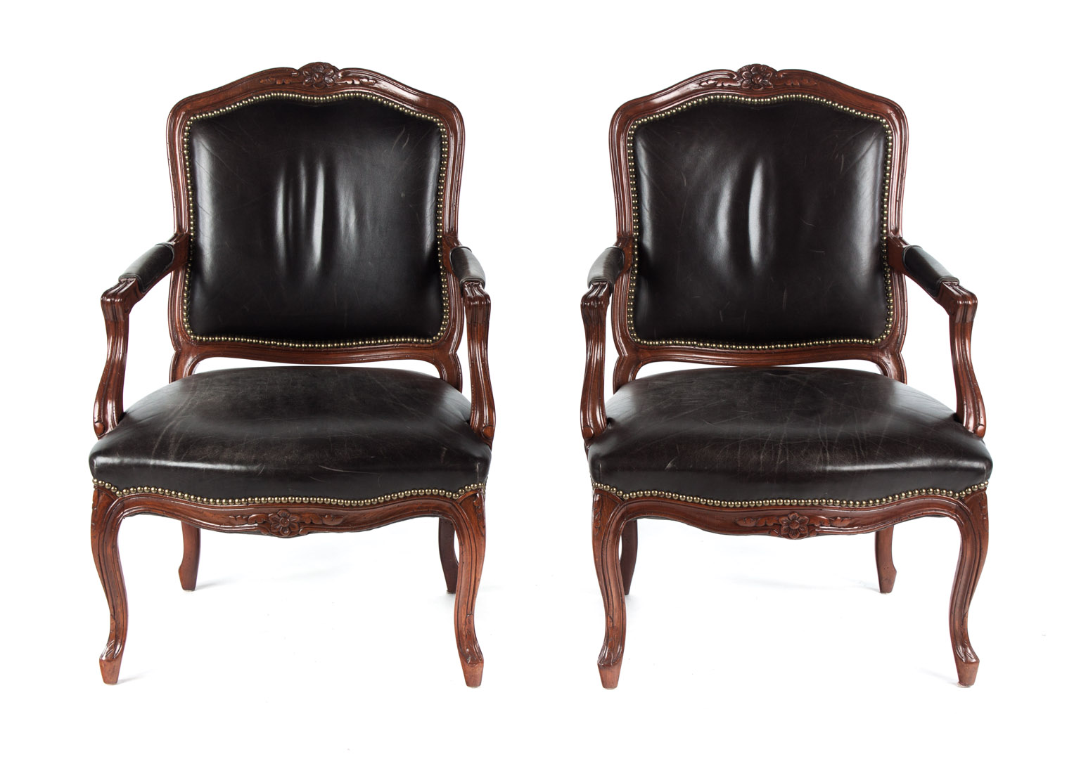 Appraisal: Pr of Louis XV style leather upholstered fauteuils each with