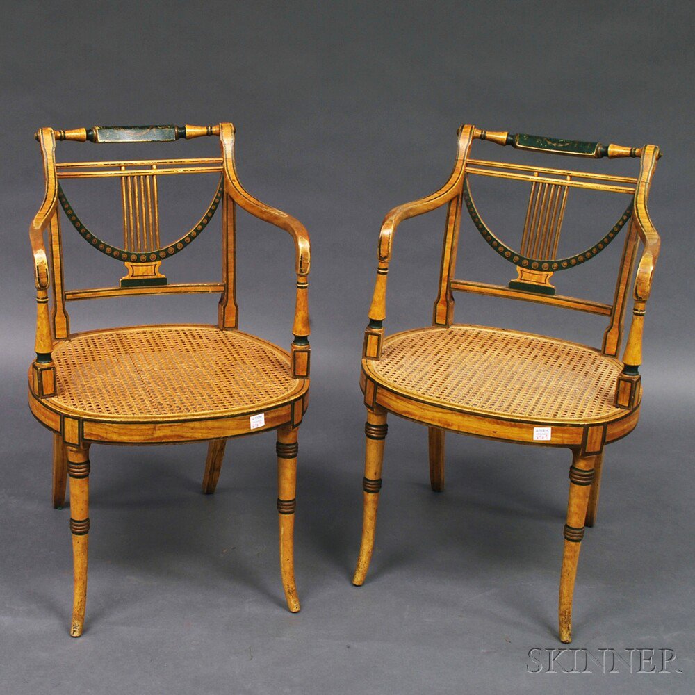 Appraisal: Pair of Painted and Caned Lyre-back Armchairs ht wd dp