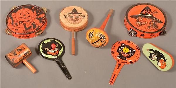 Appraisal: Eight Various Halloween Tin Lithograph Noise Makers Eight Various Halloween