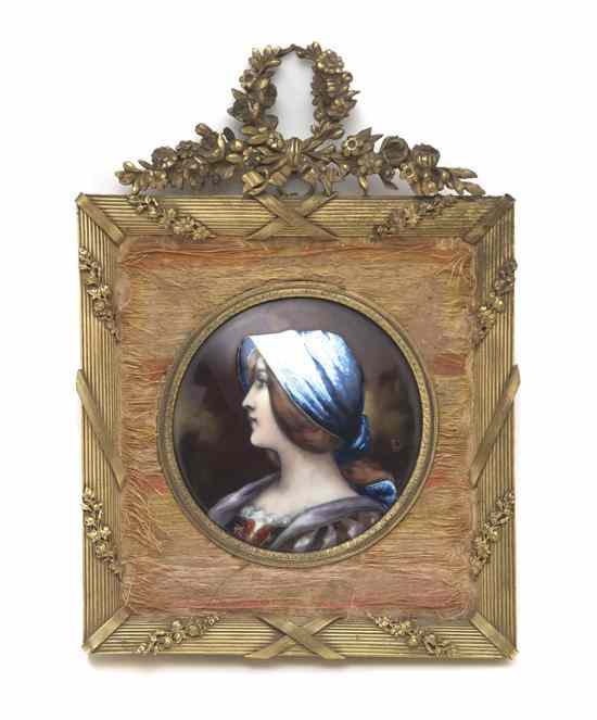 Appraisal: A French Enameled Copper Plaque depicting a woman with a