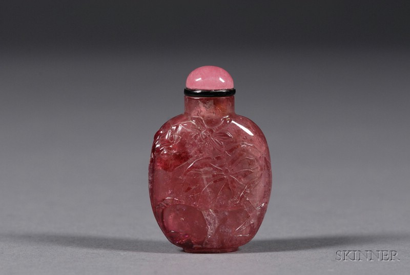 Appraisal: Tourmaline Snuff Bottle China th century surface carved with lotus