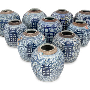 Appraisal: Chinese Blue and White Porcelain 'Double Happiness' Jars th th