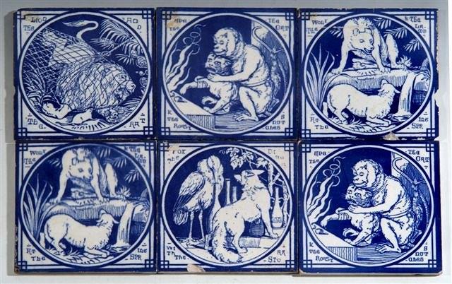 Appraisal: ELEVEN MINTON TILES blue and white depicting images of animals