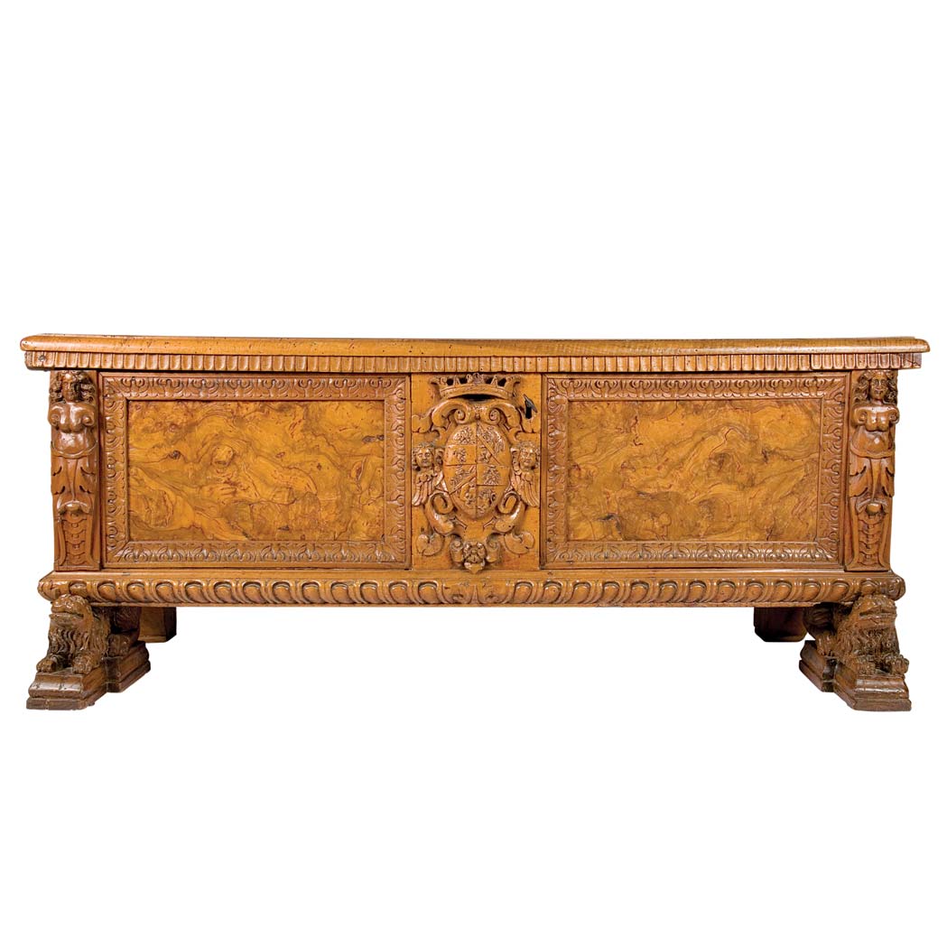 Appraisal: Italian Baroque Walnut Cassone The molded hinged rectangular top opening