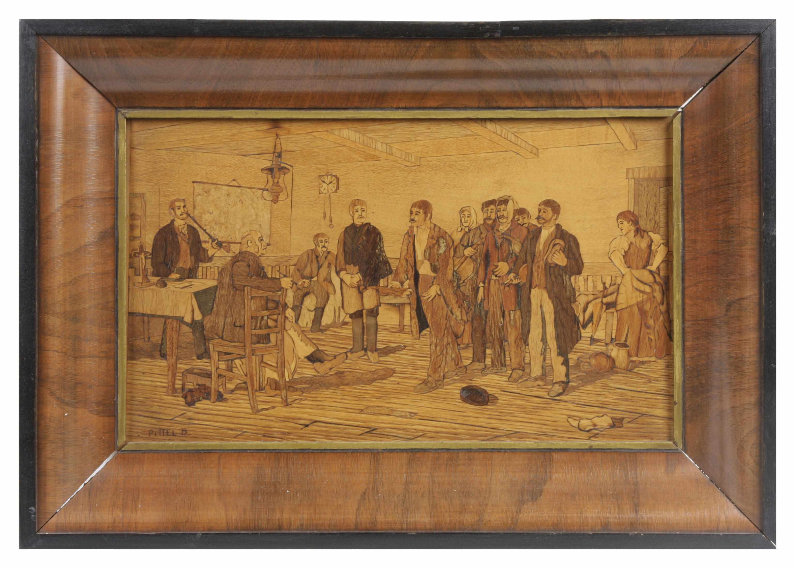 Appraisal: A group of three marquetry figural panels framed dimensions of