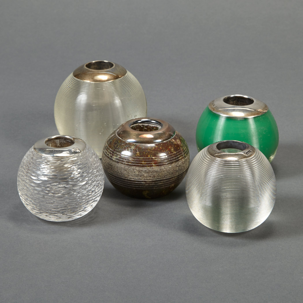 Appraisal: Group of Five Silver Mounted Glass Match Strikes Comprising largest