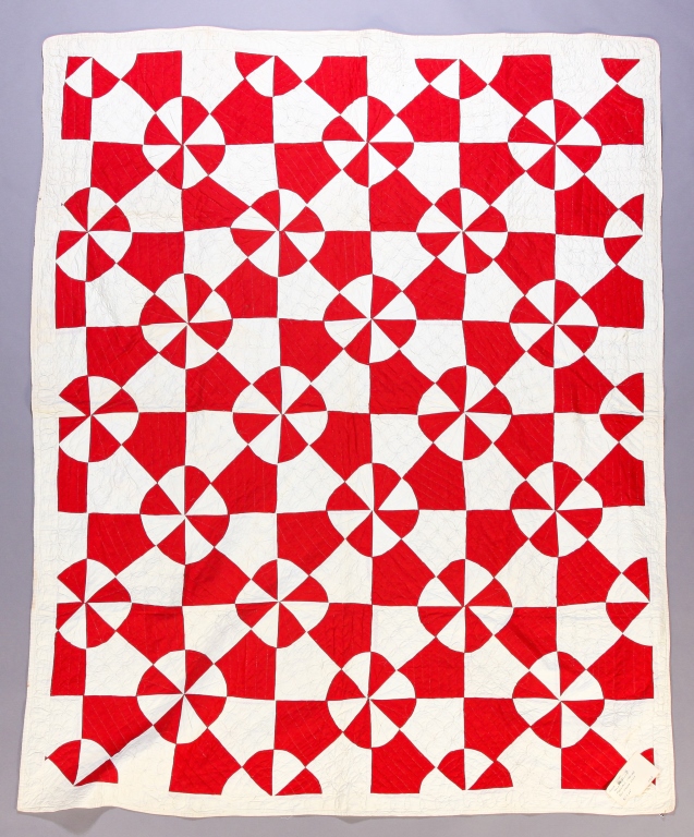 Appraisal: AMERICAN PIECEWORK QUILT First half th century Hand-stitched red and