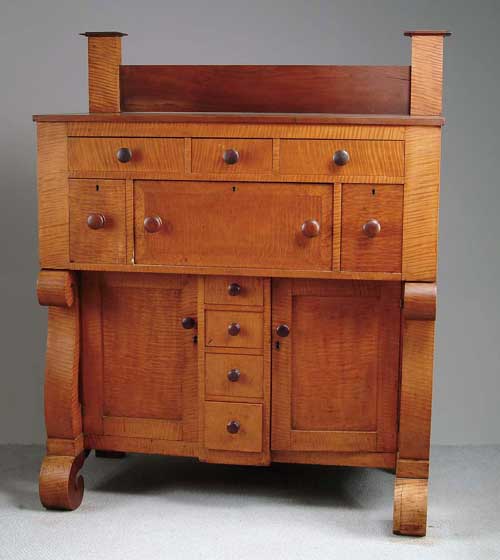 Appraisal: NEW YORK STATE TIGER MAPLE SIDEBOARD Top area has three