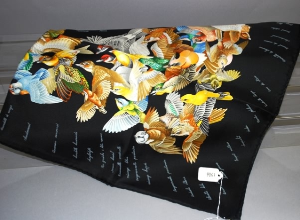 Appraisal: Hermes black and multi colored bird French silk scarf Approx