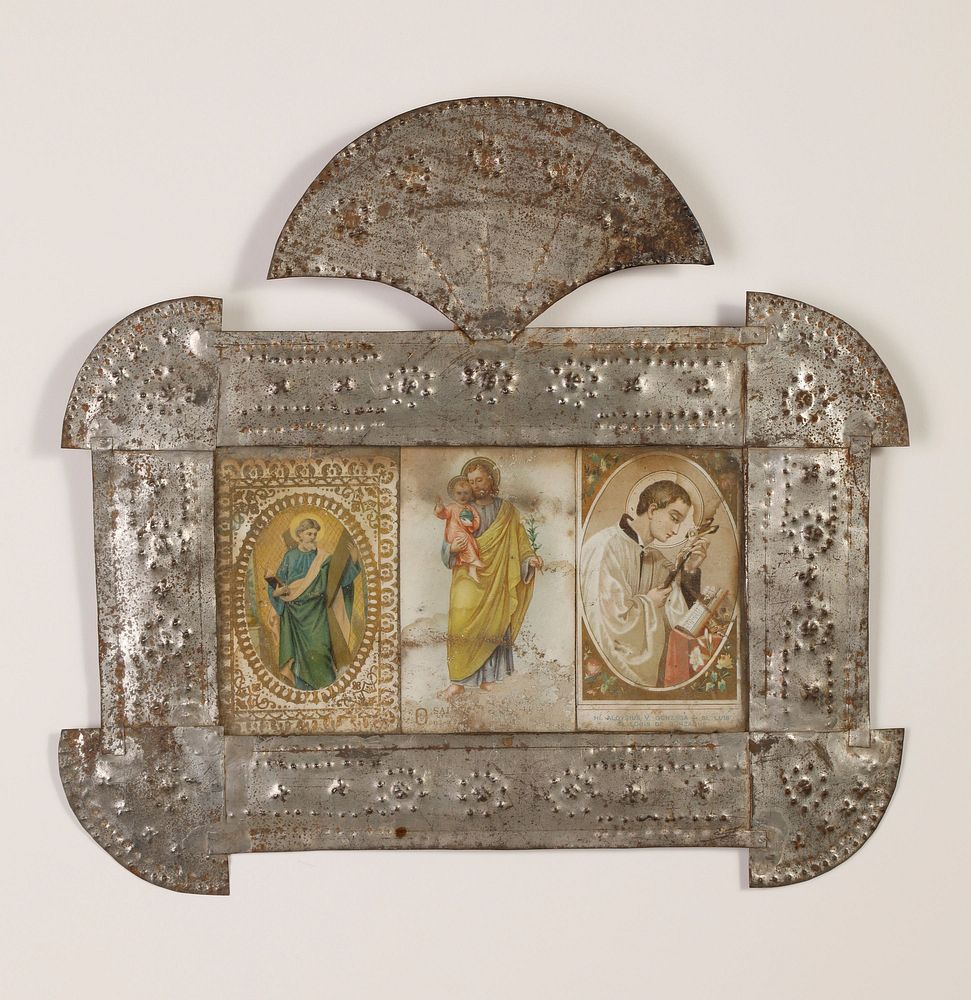 Appraisal: Tin Frame with Three Devotional Cards ca Attributed to Isleta