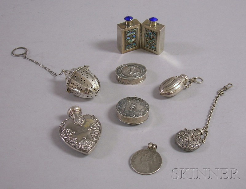 Appraisal: Six Silver Scent Containers a Coin Pendant and a Tea