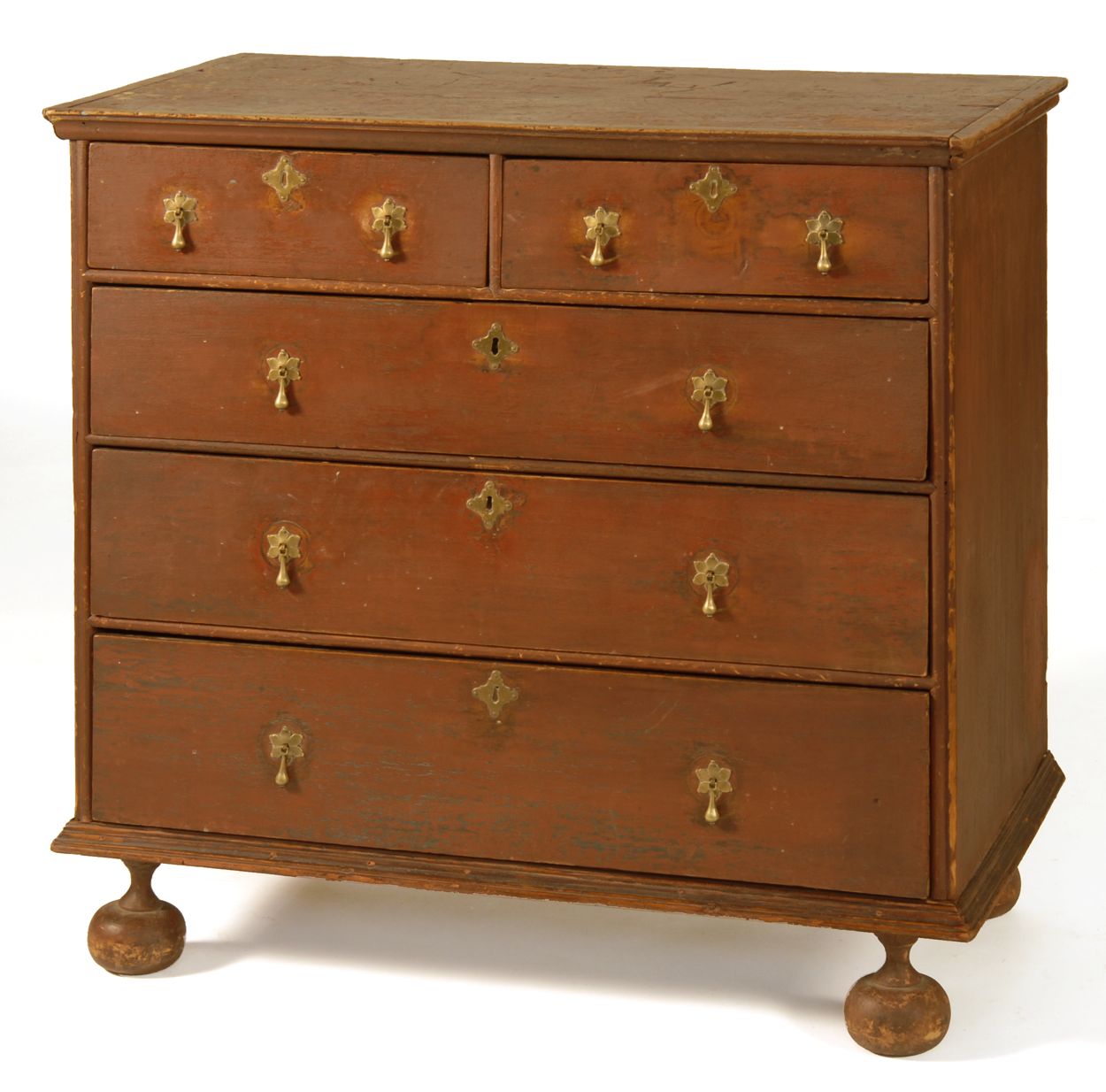 Appraisal: ANTIQUE WILLIAM MARY CHEST-OF-DRAWERS Circa In pine with old red