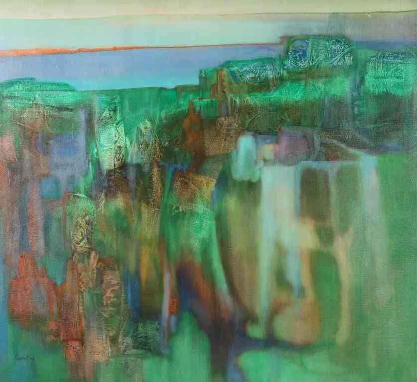 Appraisal: Florence Hasenflug Oil on Canvas abstract green painting with landscape