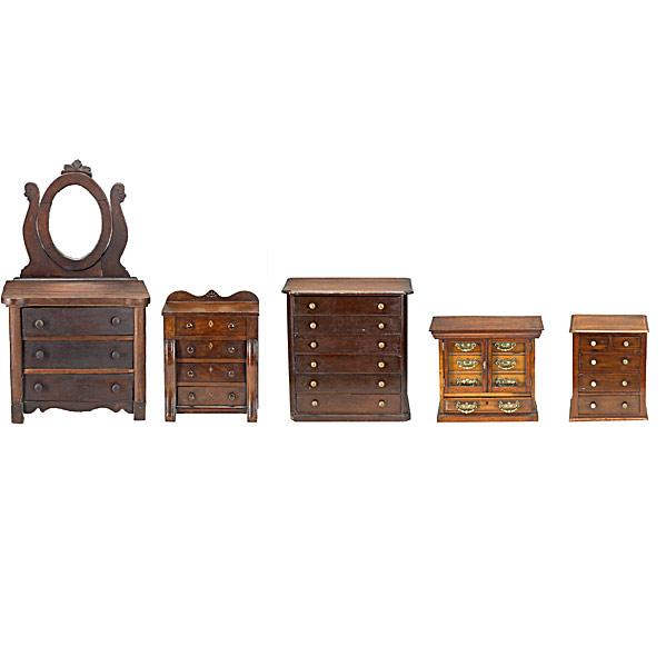 Appraisal: FIVE FURNITURE MINIATURESEmpire with backsplash mirrored Victorian chest two mahogany