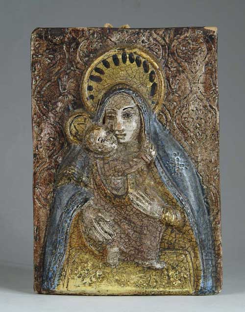 Appraisal: NICE POTTERY TILE WITH MADONNA AND CHILD Probably Continental showing