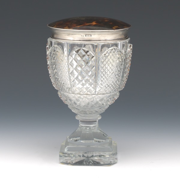 Appraisal: ENGLISH STERLING SILVER TORTOISE SHELL AND BRILLIANT CUT CRYSTAL POKAL