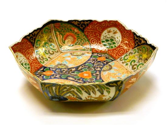 Appraisal: th C Japanese Imari hexagonal bowl polychrome flowers and birds