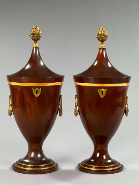 Appraisal: Monumental Pair of English Gilt-Brass-Mounted Mahogany Vasiform Knife Boxes in