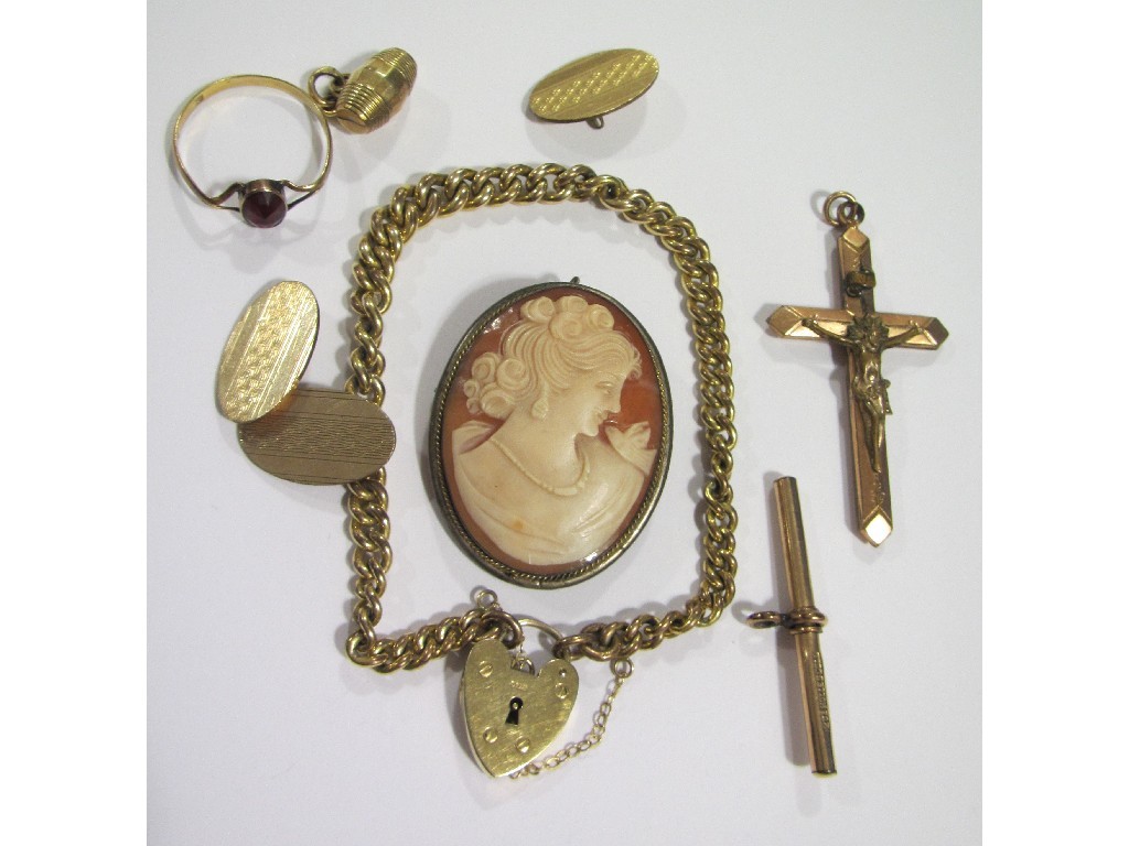 Appraisal: Lot comprising curb link bracelet silver mounted cameo brooch crucifix