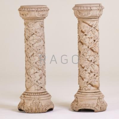 Appraisal: WOOD PEDESTALS Pair carved and painted wood Indonesia th c