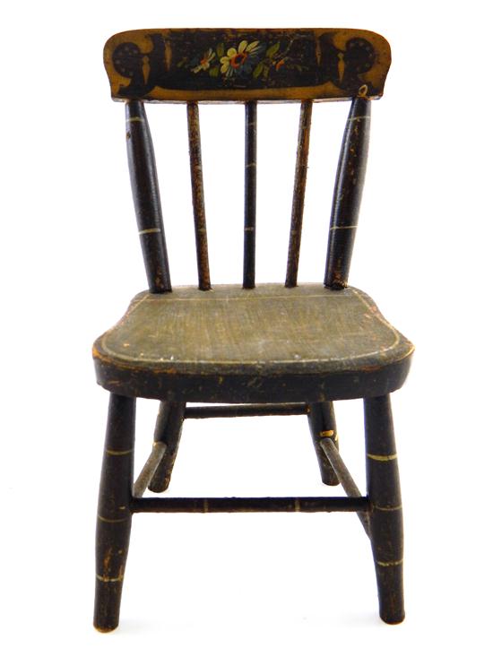 Appraisal: Miniature Windsor side chair black painted finish with polychromatic and