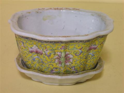 Appraisal: YELLOW CHINESE FLOWER POT W UNDERTRAY - h w in