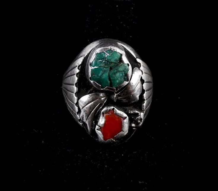 Appraisal: Navajo Coral Turquoise Sterling Silver Ring Featured in this lot