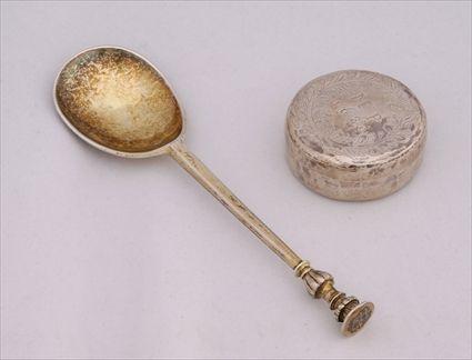 Appraisal: CHARLES II SILVER-GILT SPOON AND AN ENGRAVED SILVER BOX Maker's