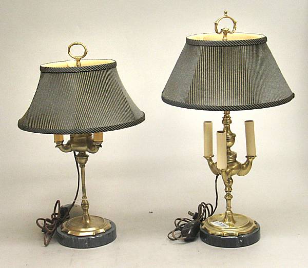 Appraisal: Two similar three light brass lucerna table lamps The first