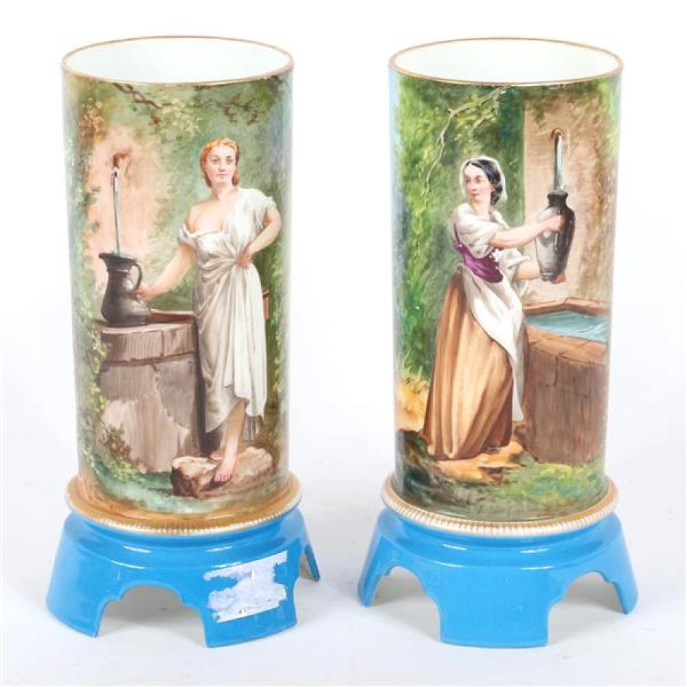 Appraisal: PAIR ANTIQUE CONTINENTAL HAND PAINTED PORCELAIN CYLINDER VASES WITH SCENES