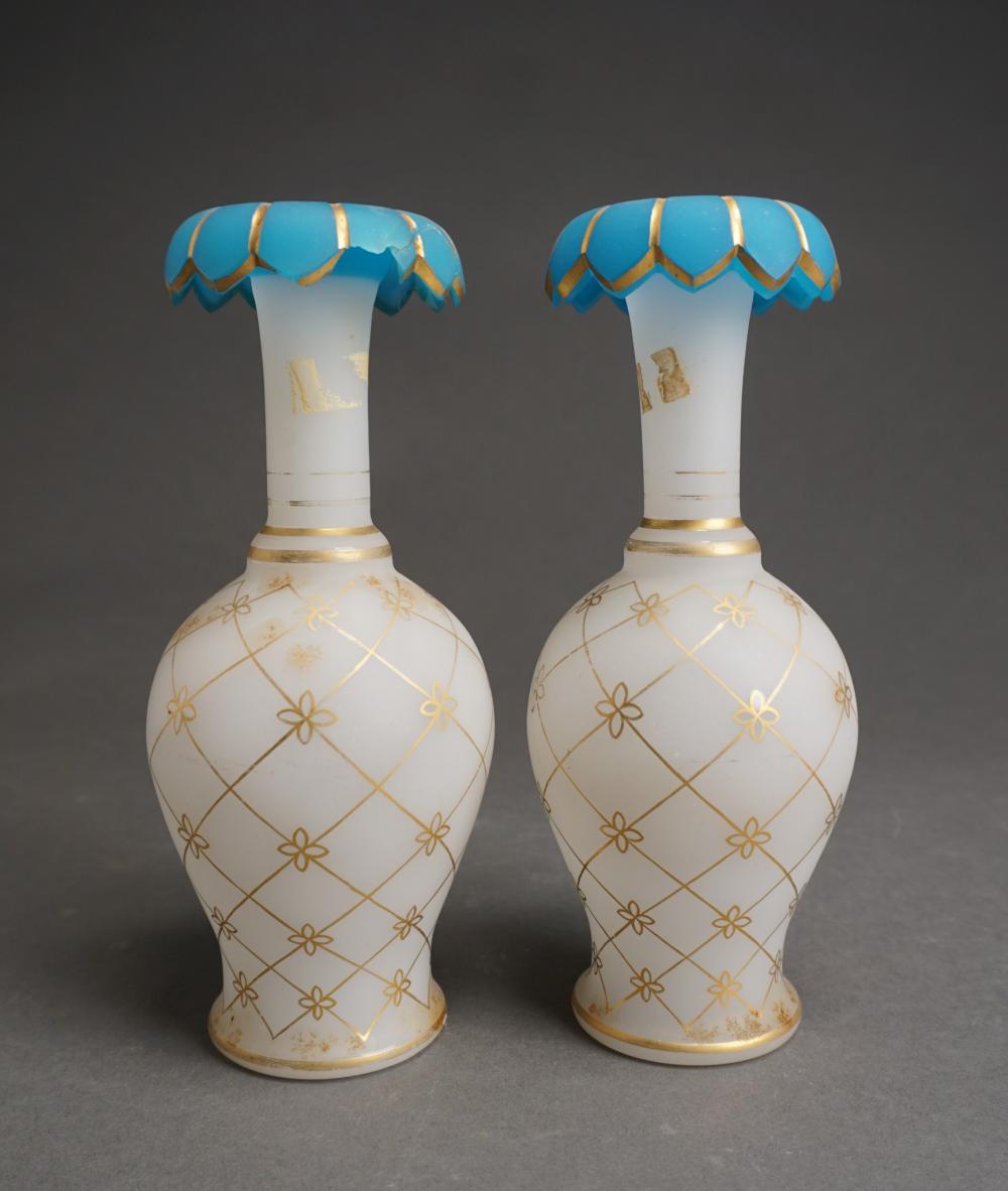 Appraisal: Pair of European Gilt Decorated Opaque Satin Glass Vases Circa