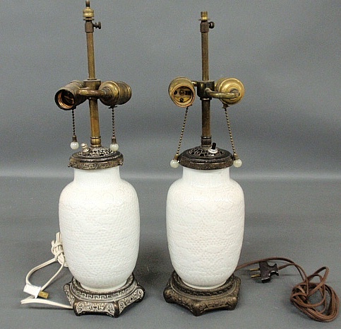 Appraisal: - Pair of Chinese celadon porcelain lamps with bronze mounts