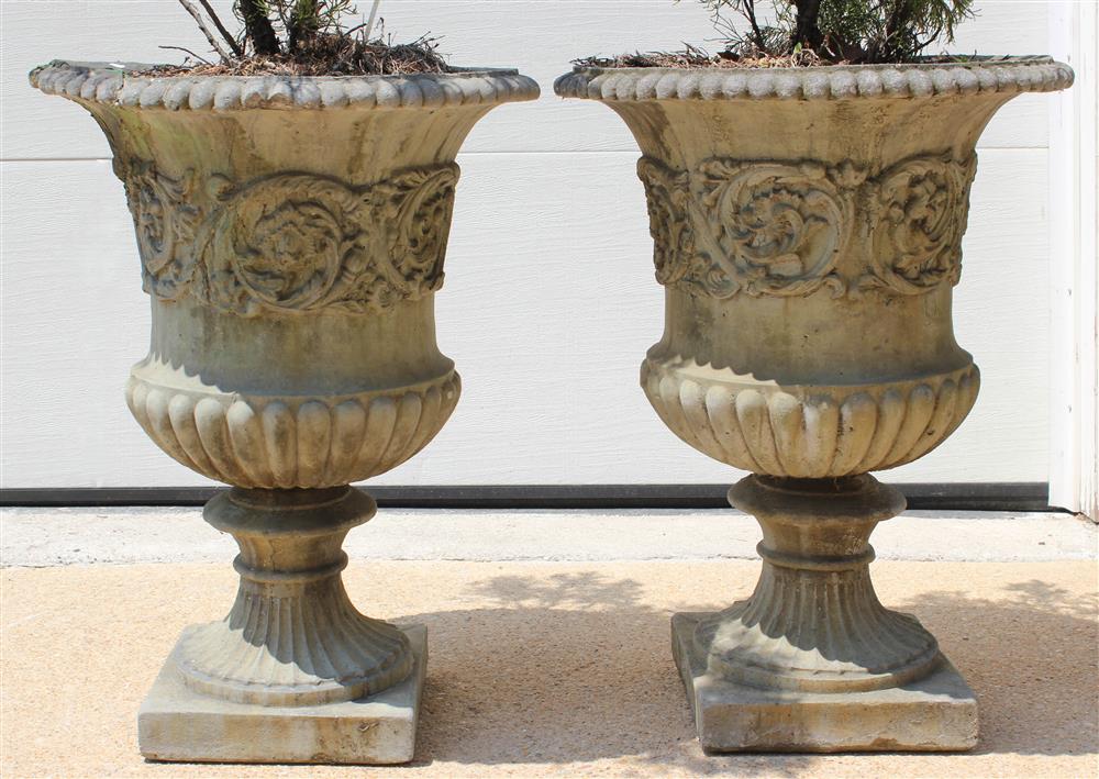 Appraisal: PAIR OF CLASSIC STYLE CEMENT GARDEN URNS having a large