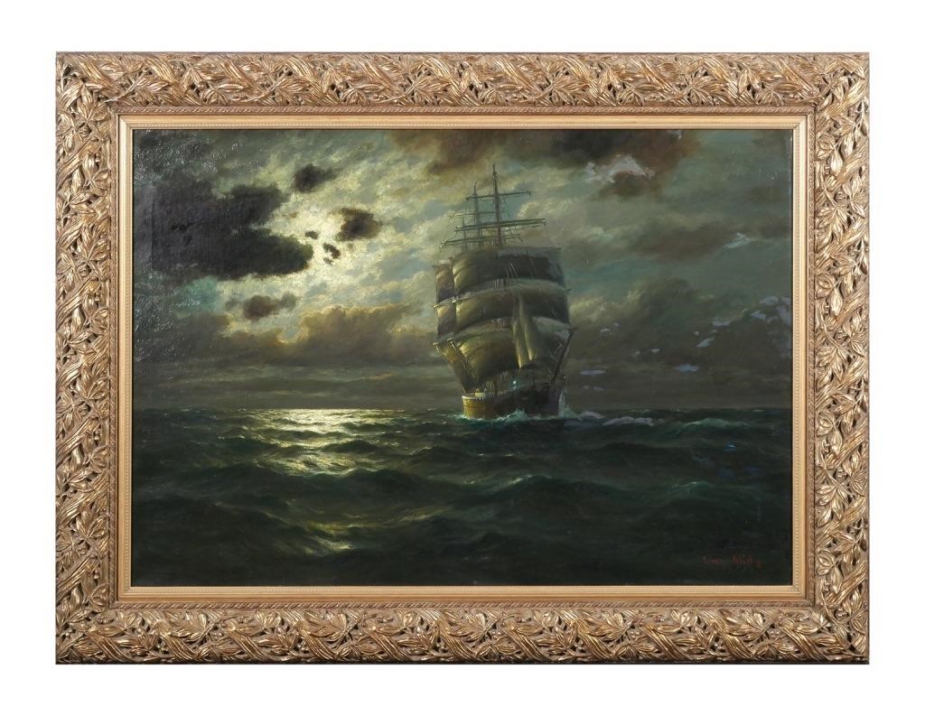 Appraisal: Oil on canvas of a ship at night by Martin