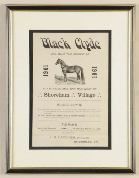 Appraisal: Printed Advertising Broadside Black Clyde Horse Description Circa Shoreham Vermont