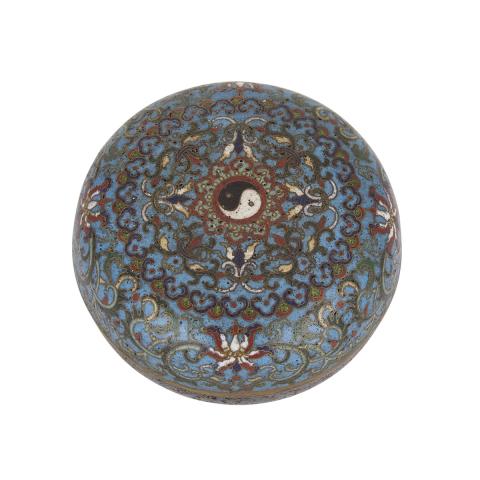 Appraisal: Cloisonn Circular Taichi Box Early th Century Supported on a