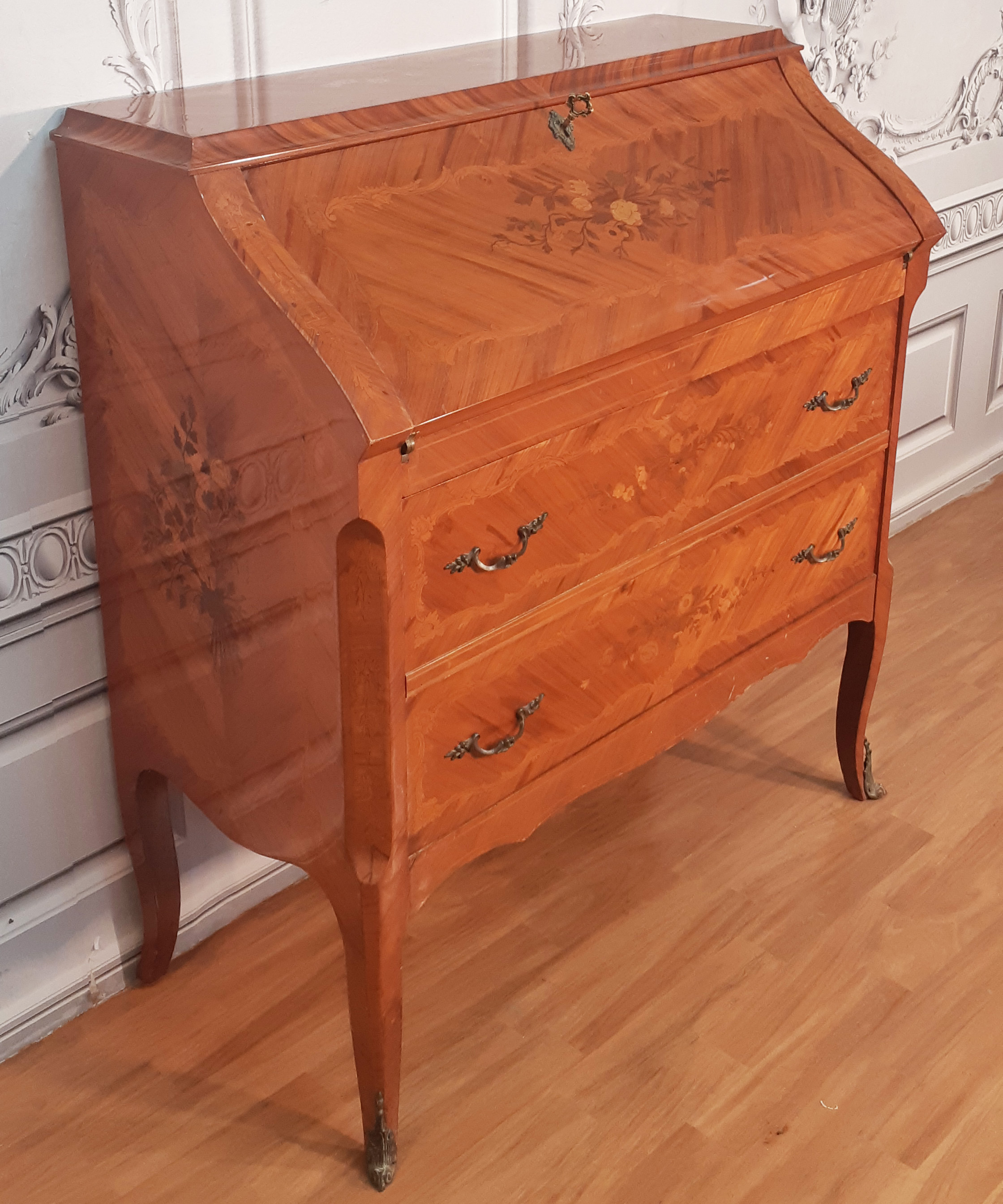 Appraisal: LOUIS XV STYLE MARQUETRY INLAID BUREAU Louis XV style marquetry