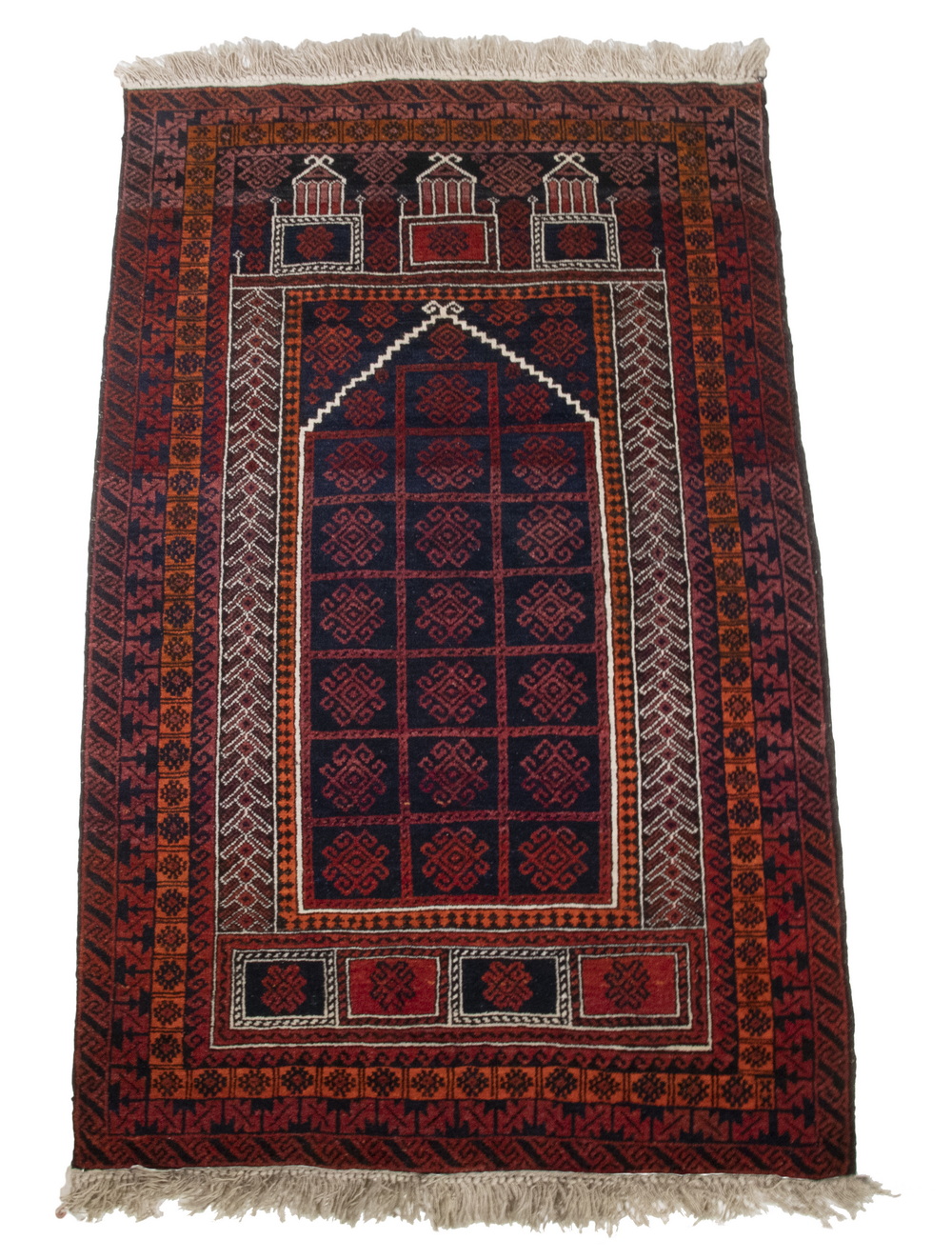 Appraisal: BALUCH PRAYER RUG Midnight blue mihrab inset with 'snowflakes' flanked