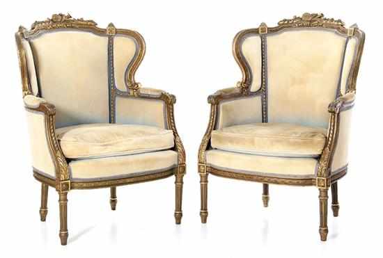 Appraisal: Pair Louis XVI style carved giltwood armchairs late th century