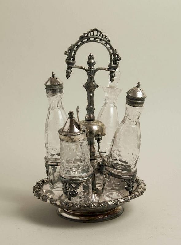 Appraisal: Glass Cruet Set with Bell Etched glass cruet set in