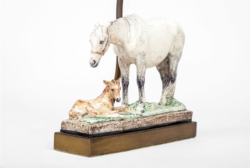 Appraisal: English Glazed Pottery Group Mare and Foal Mounted on Brass