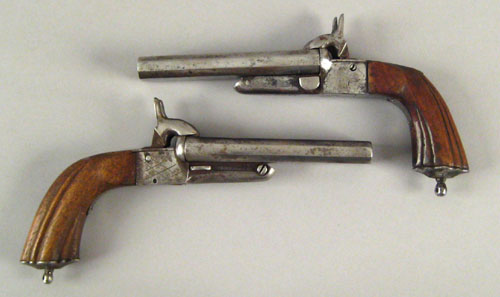 Appraisal: Pair of European pin fire double barrel pistols approx caliber