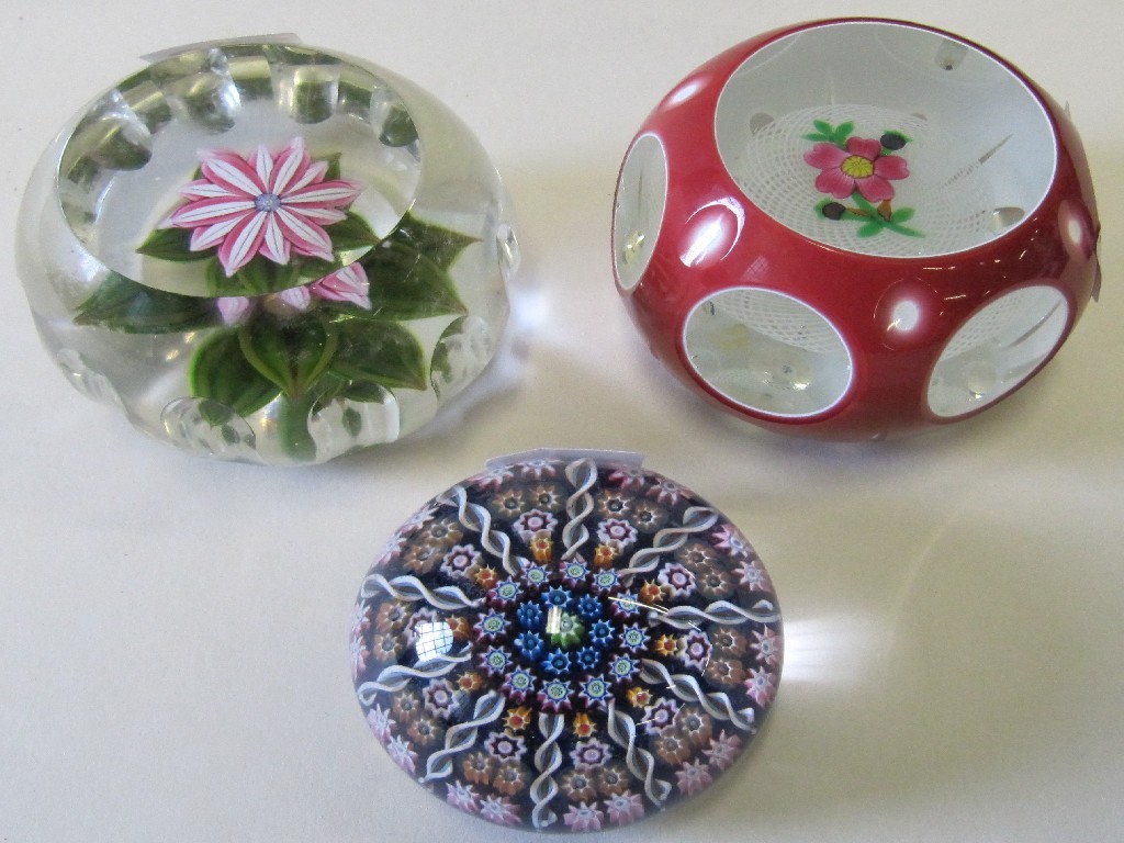 Appraisal: Three Perthshire paperweights all with 'P' cane one with box