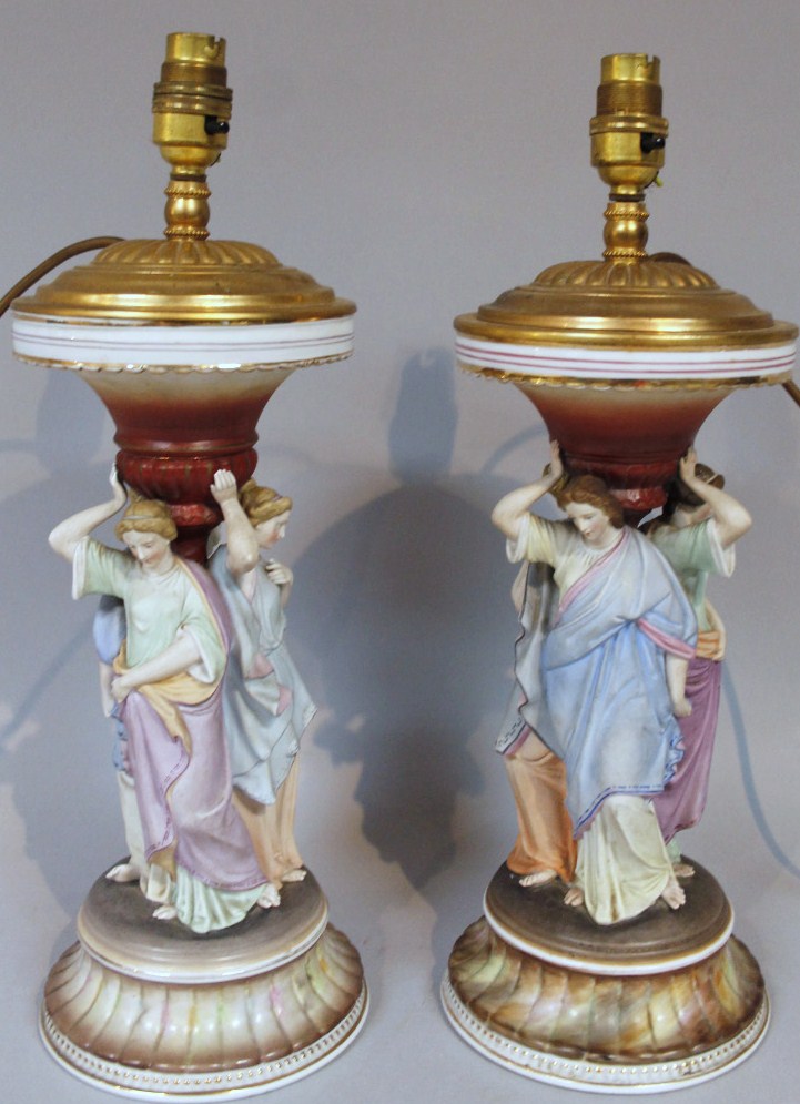 Appraisal: A pair of modern bisque porcelain table lamps each stem