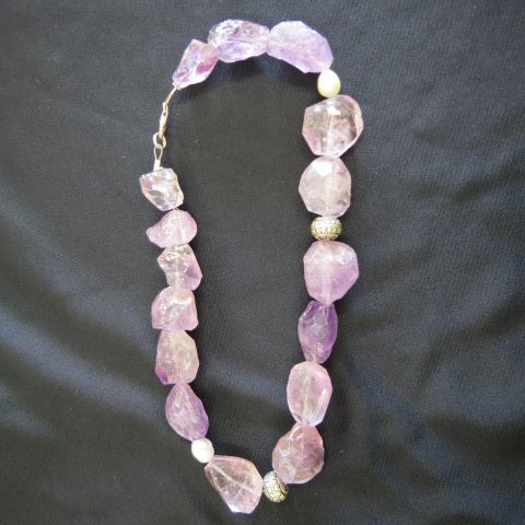 Appraisal: Amethyst Pearl Silver Necklace large natural nuggets long