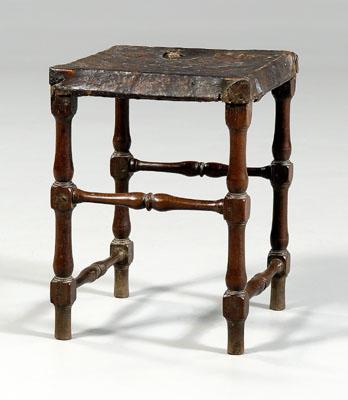 Appraisal: William and Mary walnut stool early hide seat cover ring