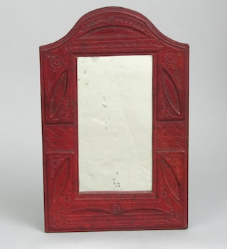 Appraisal: An Early th Century Leather Framed Mirror A tooled leather