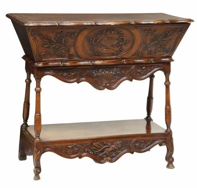 Appraisal: French Provincial dough bin on stand th c richly carved